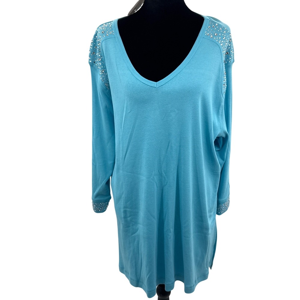 Tia Womens Turquoise Blue Rhinestone Embellished V-Neck Tunic Top XL NWT
